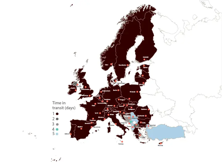 Délais de livraison UPS Express à travers l'Europe Carte des délais de livraison UPS Express à travers l'Europe indiquant la durée d'expédition estimée par pays